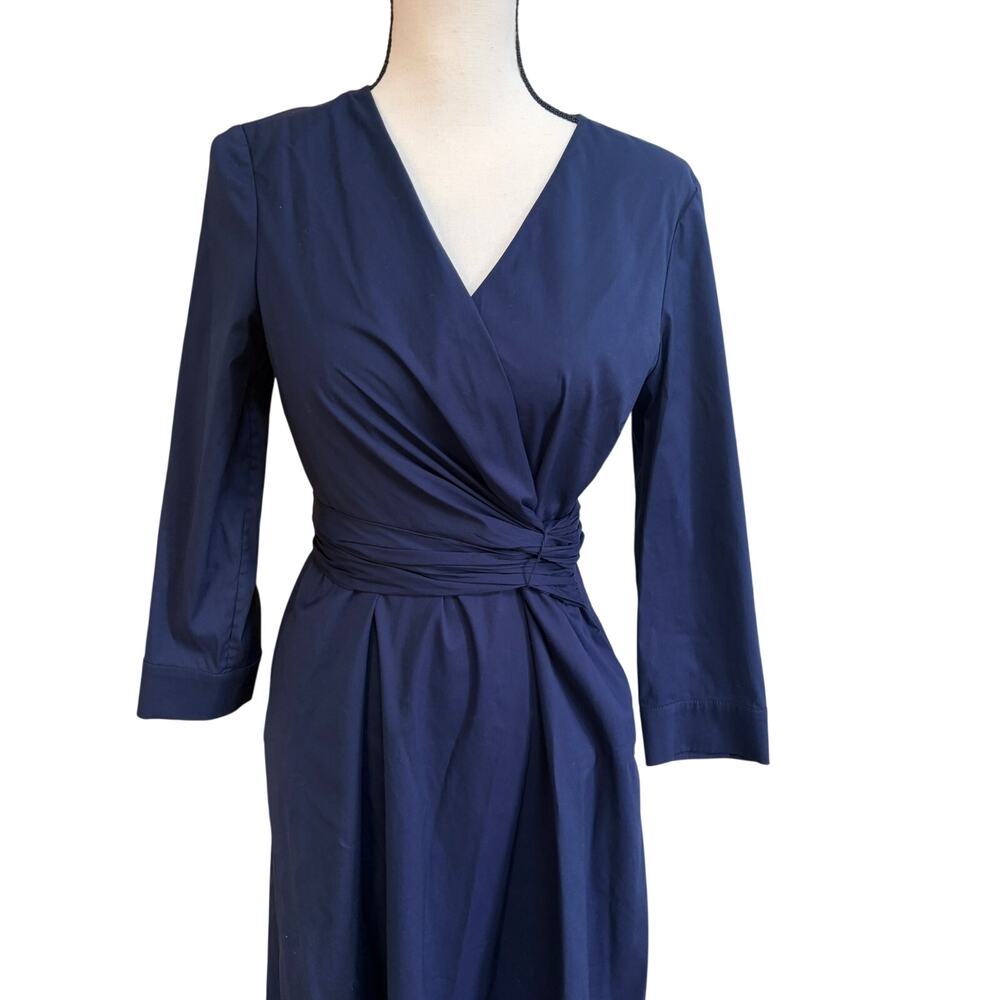 Lafayette 148 NY Penelope Stretch Cotton Wrap Midi Dress Navy Size 4 NWOT $1198 - Picture 4 of 9